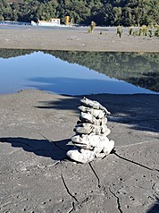 La statue des neuf grenouilles superposées dans le lac du soleil et de la lune (Photo CNA)