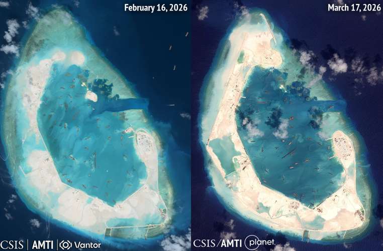 En mer de Chine méridionale, la Chine transforme complètement le récif d' Antelop en moins de quatre mois (Image : www.amti.csis.org)