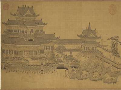 Une peinture de Wang Zhenpeng de la dynastie de Yuan représentant des bateaux-dragons dans l'attente d'une course (photo, musée national du palais)