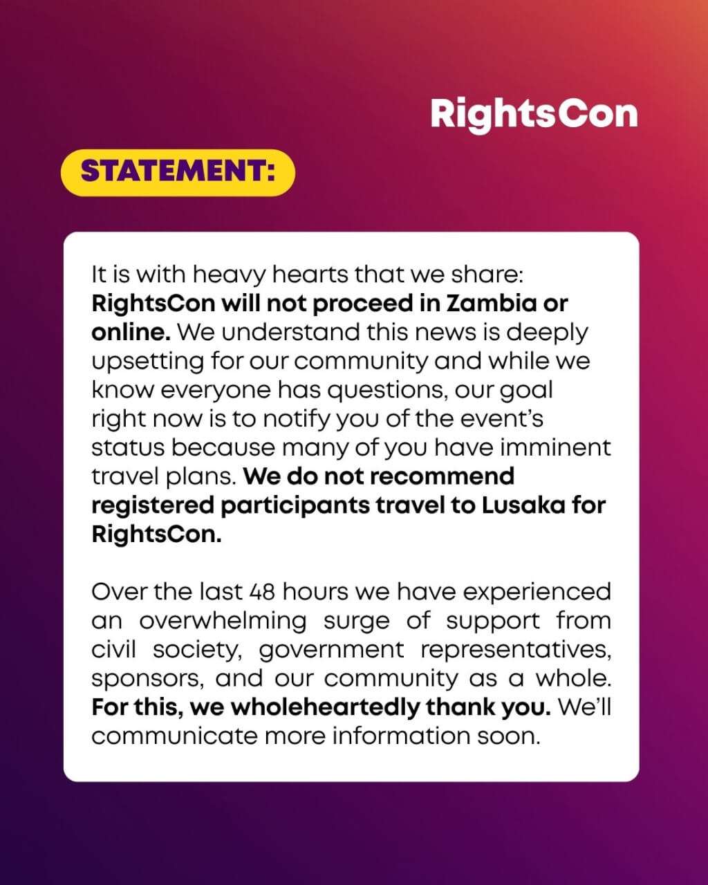 capture de l'annonce sur le compte X de RightsCon