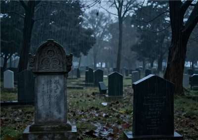 Illustration d'un vieux cimetière un soir de pluie (généré par IA)