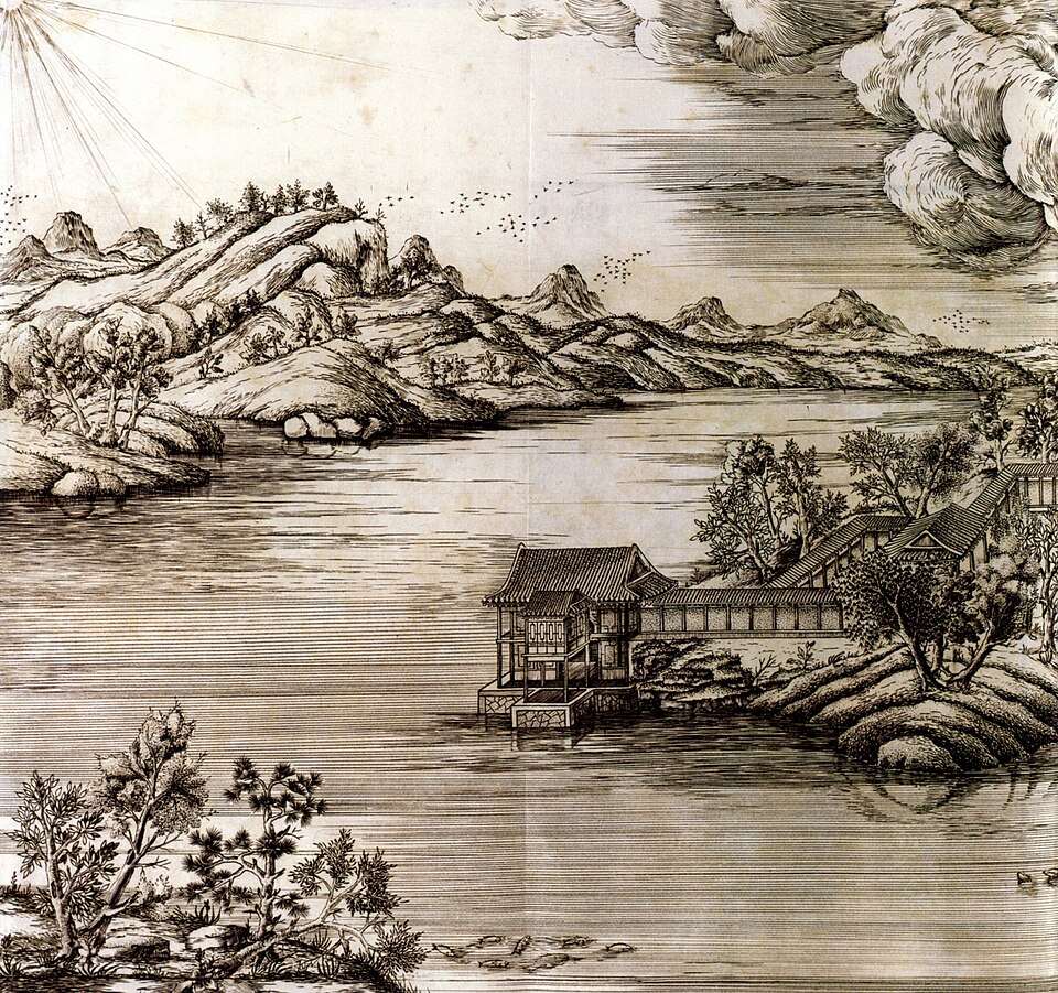 Image 1: Estampe sur cuivre tirée de Illustrations poétiques impériales des trente-six vues du Palais d’été - « Lueur sur la crête » (source MNP)