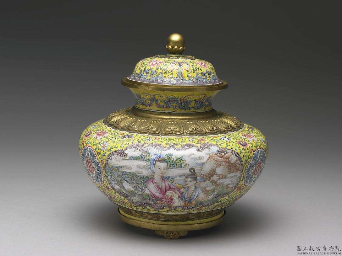 Image 3-2: Pot à couvercle en cuivre avec paysage et figures en émaux peints (source MNP)