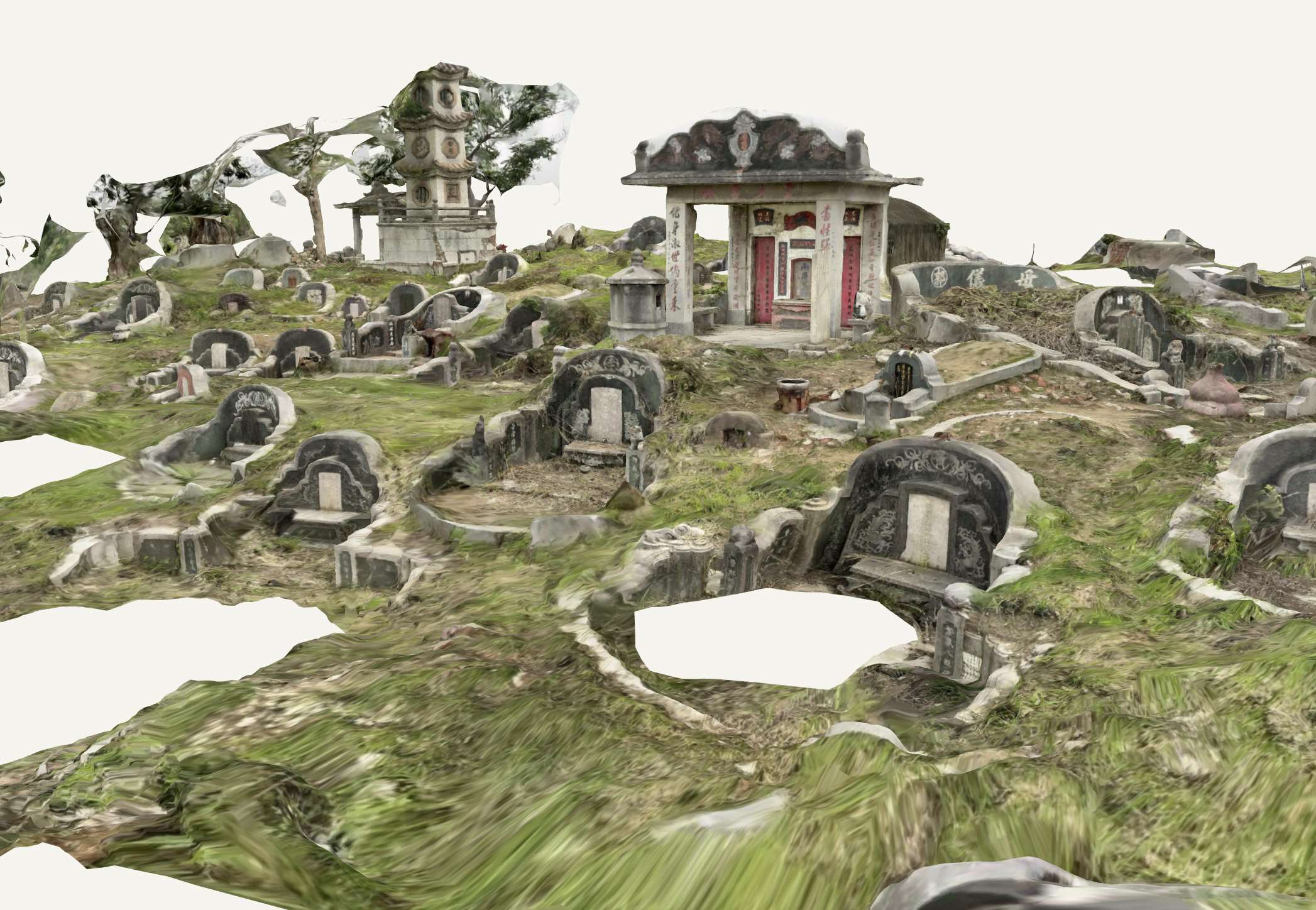 Modélisation par photogrammétie d’un flanc de colline au cimetière de Nanshan à Tainan (image : James X. Morris) 