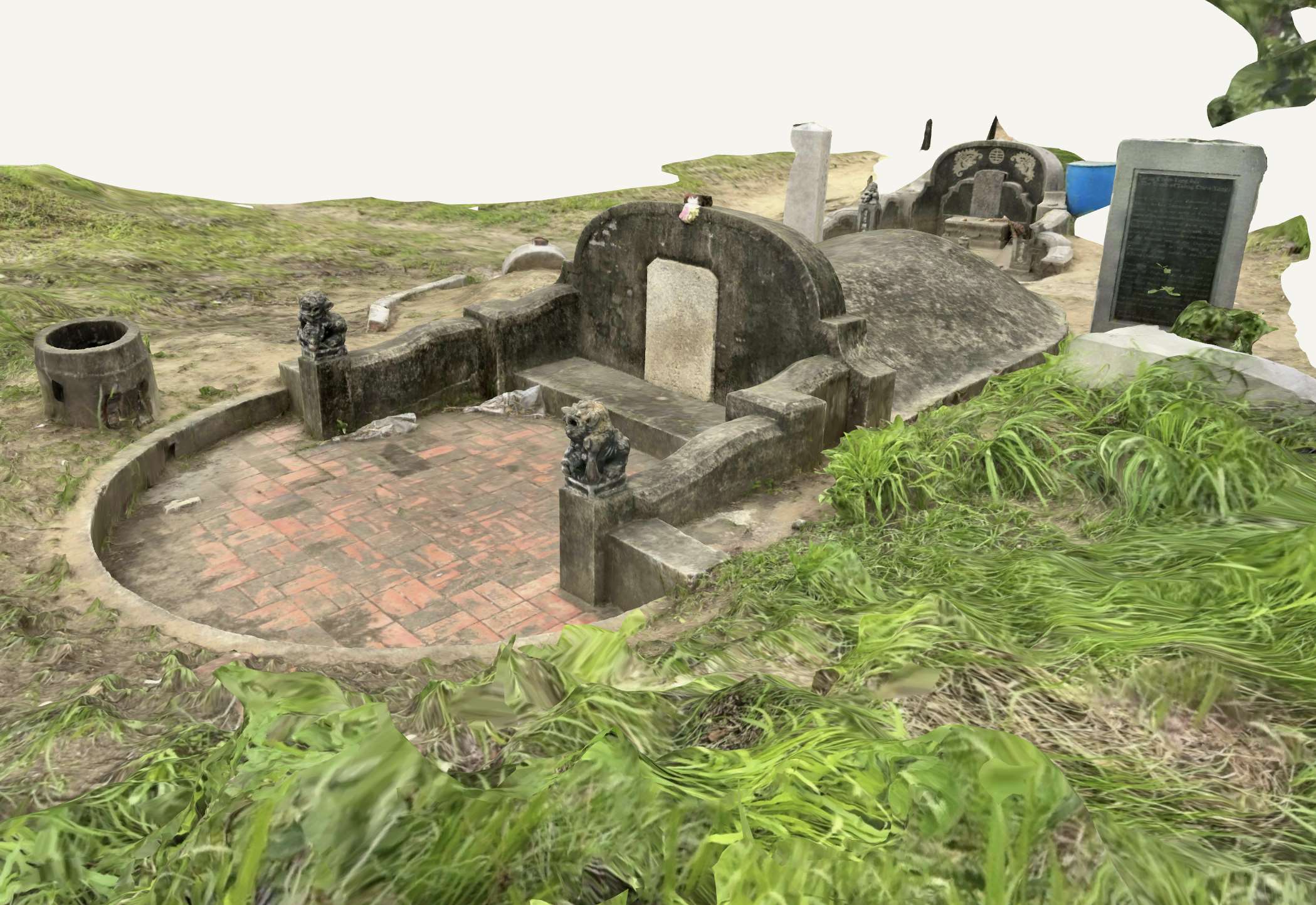 Modélisation par photogrammétrie de la plus ancienne pierre tombale du cimetière de Nanshan, à Tainan, de Tseng Chen-yang, datant de 1642 (image : James X. Morris) 