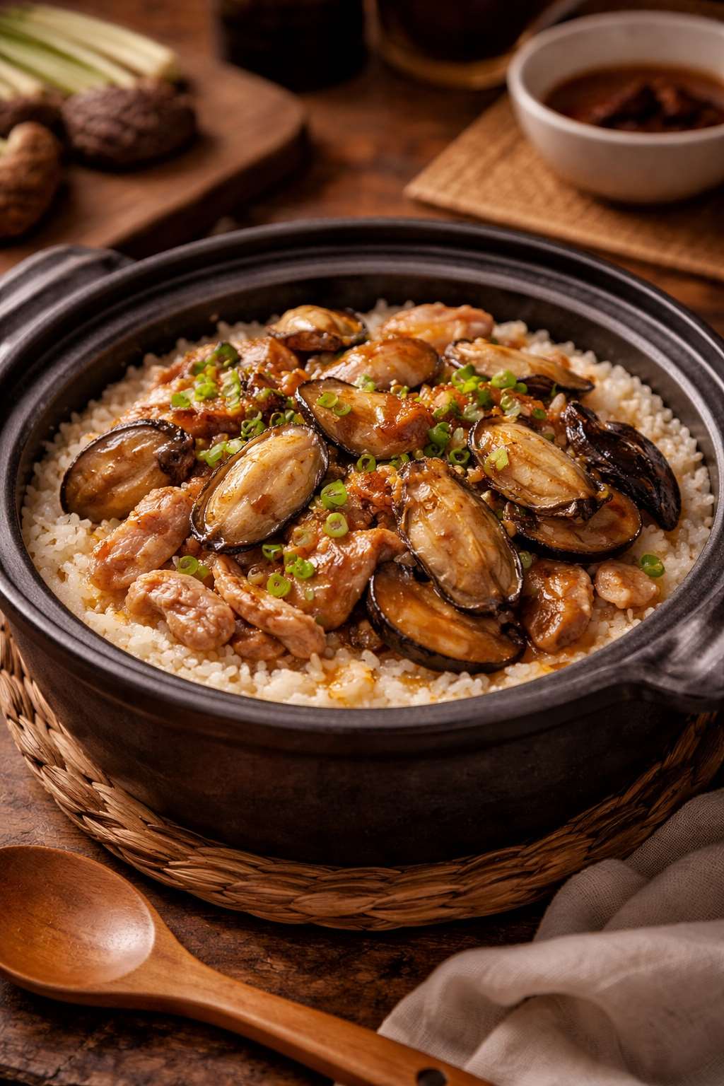 蠔乾冬菇肉絲煲仔飯 Nasi Pot Tanah Liat dengan Tiram Kering 