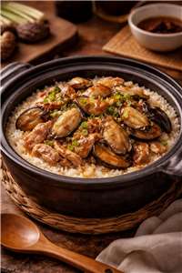 蠔乾冬菇肉絲煲仔飯
Nasi Pot Tanah Liat dengan Tiram Kering
