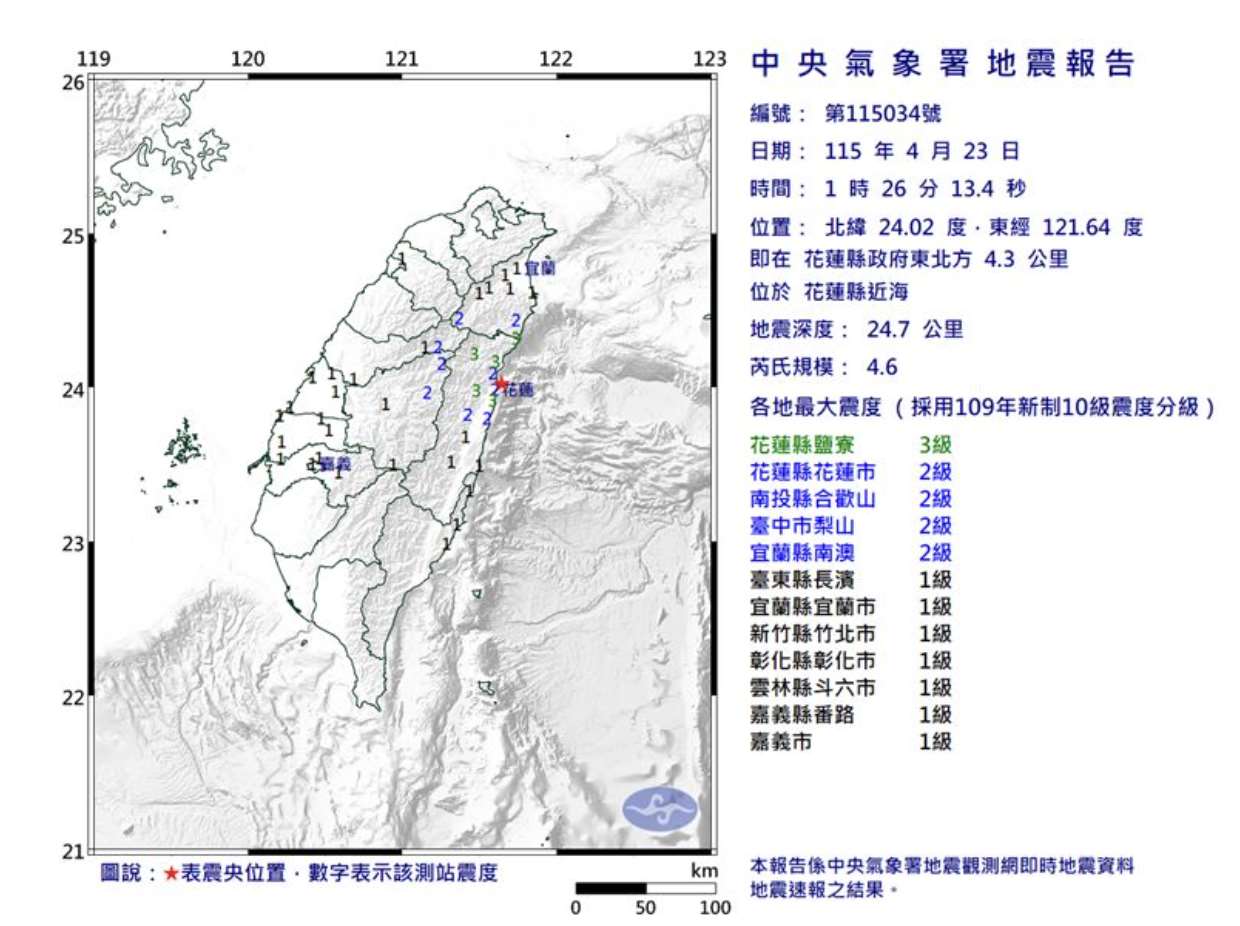 Gempa Bumi 4,6 SR di Hualien Dini Hari, Intensitas Seismik Max Level 3 (foto: website CWA)