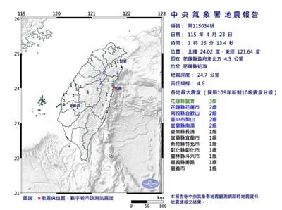 Gempa Bumi 4,6 SR di Hualien Dini Hari, Intensitas Seismik Max Level 3 (foto: website CWA)