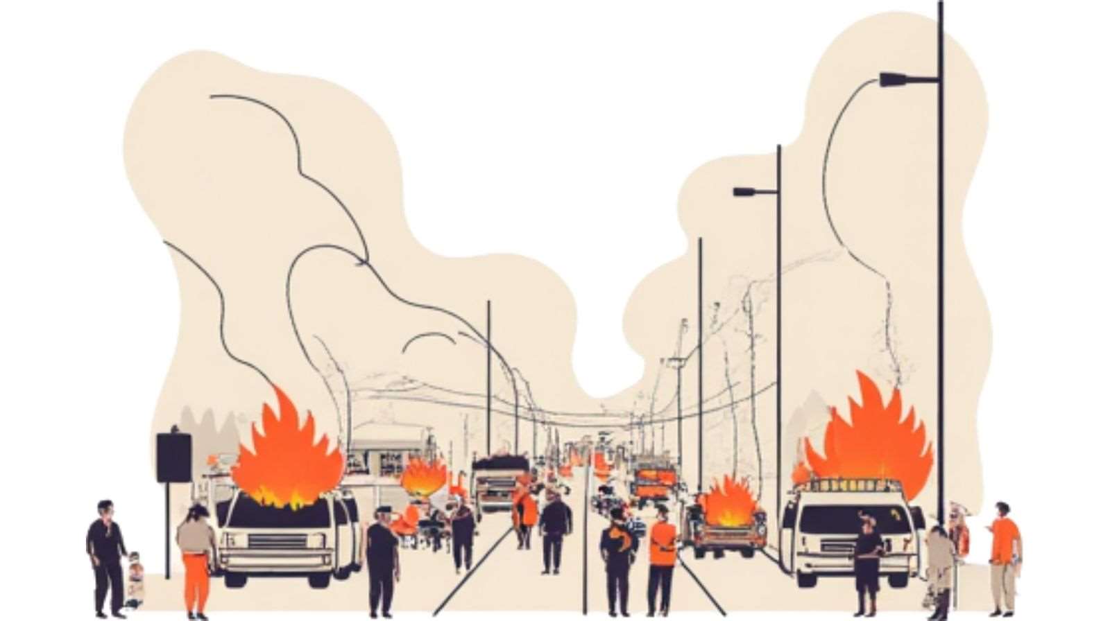Ilustrasi kebakaran di tengah jalan (foto: AI generated)
