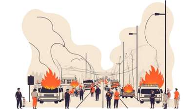 Ilustrasi kebakaran di tengah jalan (foto: AI generated)