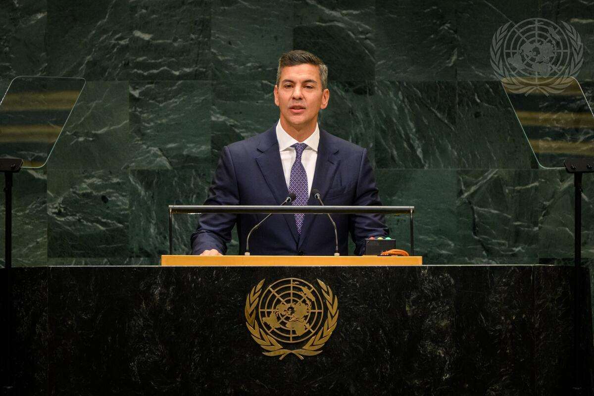 Presiden Paraguay Santiago Pena berpidato dalam sidang umum PBB, 23 September 2026。(foto: UN Photo/Loey Felipe)