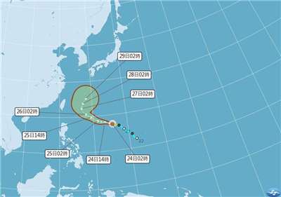 Tanggal 24 September subuh 02:00, taifun Surigae berada pada 1.620 km Tenggara Eluanbi, bergerak mengarah ke arah barat laut dnegan kecepatan 18 km/ jam, kecepatan angin maksimum 20m/ detik, kekuatan angin level 7 dengan radius 100km. (foto: CWA, Kementerian Transportasi)