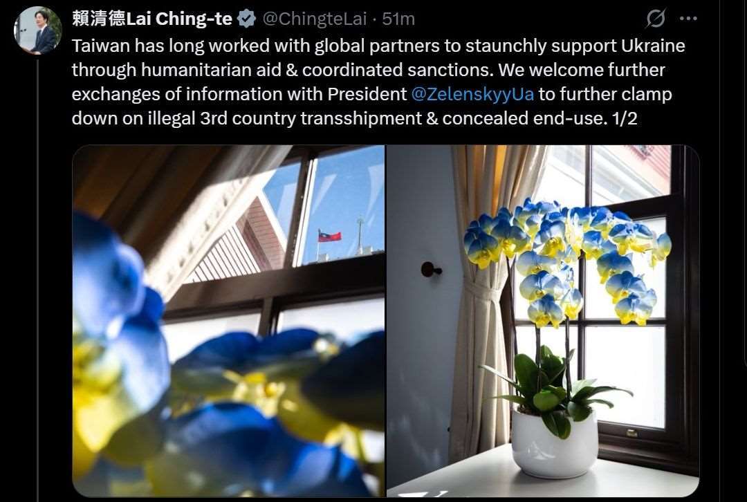 頼清徳・総統はX（旧ツイッター）への投稿で、台湾はウクライナを断固として支持しており、ロシアに対する制裁の調整にも取り組んでいることを明かした。（写真：X@ChingteLai）