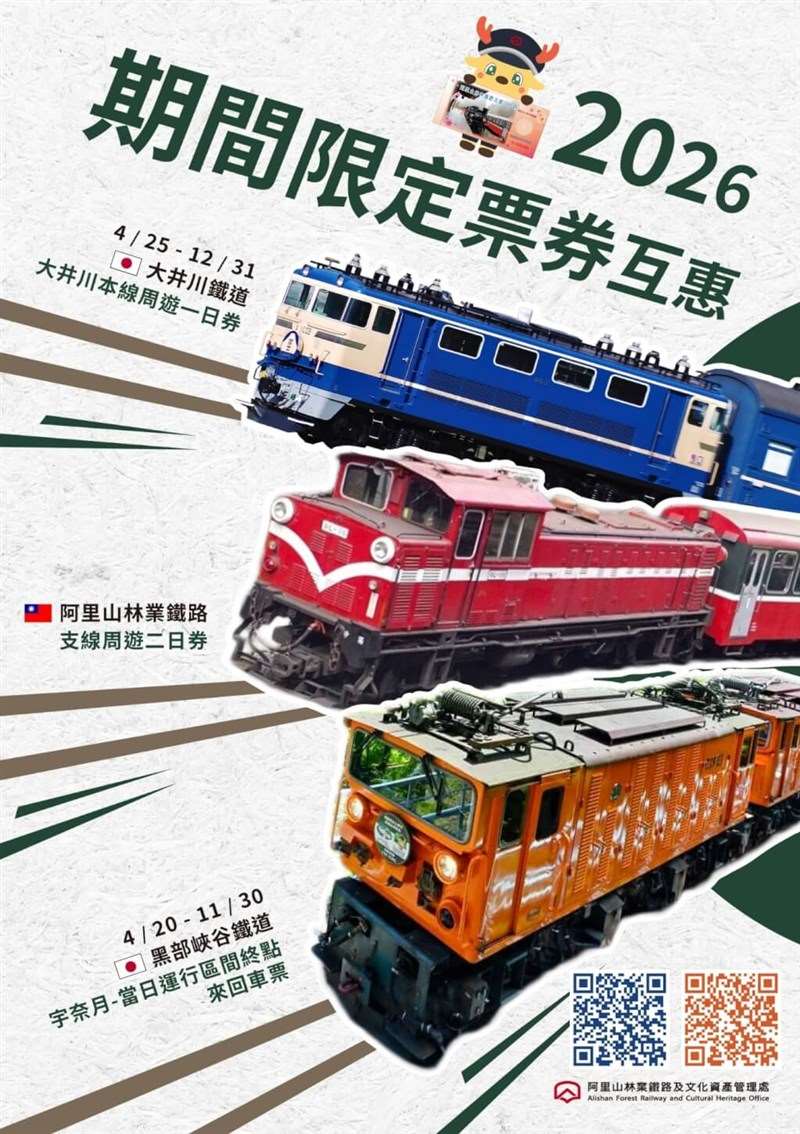 「阿里山森林鉄道」と「黒部峡谷鉄道」「大井川鐵道」による2026年乗車券相互交換キャンペーンのPRポスター。（写真：阿里山林業鉄路・文化資産管理処）