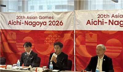2026年9月19日から日本の愛知県および名古屋市で開催される「第20回アジア競技大会（愛知・名古屋2026）」のPRイベント、「第20回アジア競技大会ファンラン」前日の8日、新北市内のホテルで記者会見が開かれた(写真：Rti)