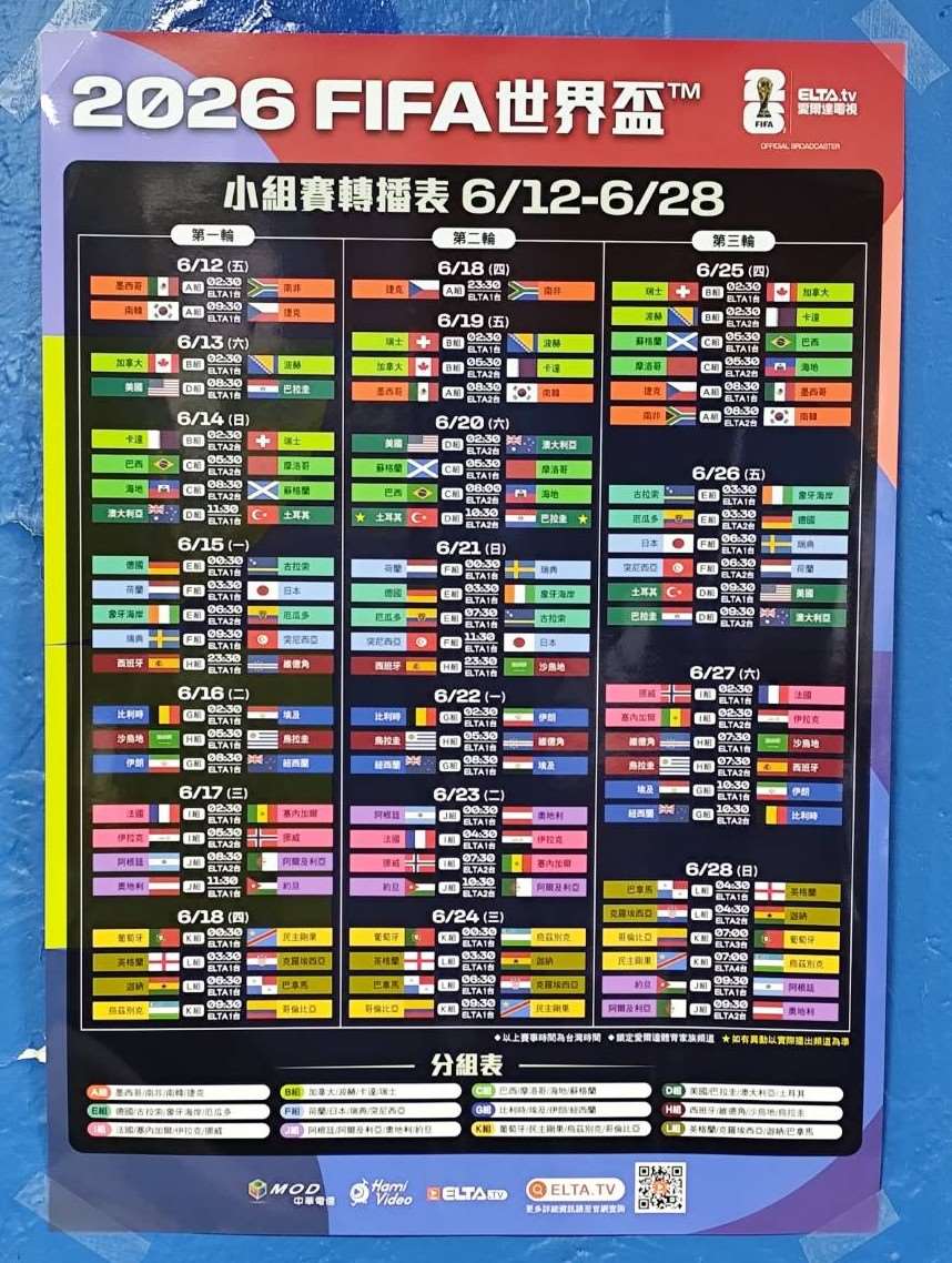 台湾において、観戦スポーツとして二大人気の競技は野球とバスケットボール。その為、盛り上がりは、出場国や、サッカーが国技といえる国とは比較にはならないが、それでも、街なかでは各地でワールドカップを意味する「世界盃」という文字をみかける。また、台湾におけるサッカーのワールドカップの視聴環境は恵まれている。インターネットTVのチャンネルで、特にスポーツチャンネルに強みをもつELTAが4大会連続で台湾地区における放映権を取得、予選から決勝まで104試合全試合中継する。ワールドカップ視聴が可能な、スマートフォンアプリ用の「スポーツチャンネル3か月プラン」は399台湾元(日本円約2000円)、1ヶ月あたり日本で700円弱と安い。写真は記者席に貼られた中継のスケジュール。(写真：Rti)