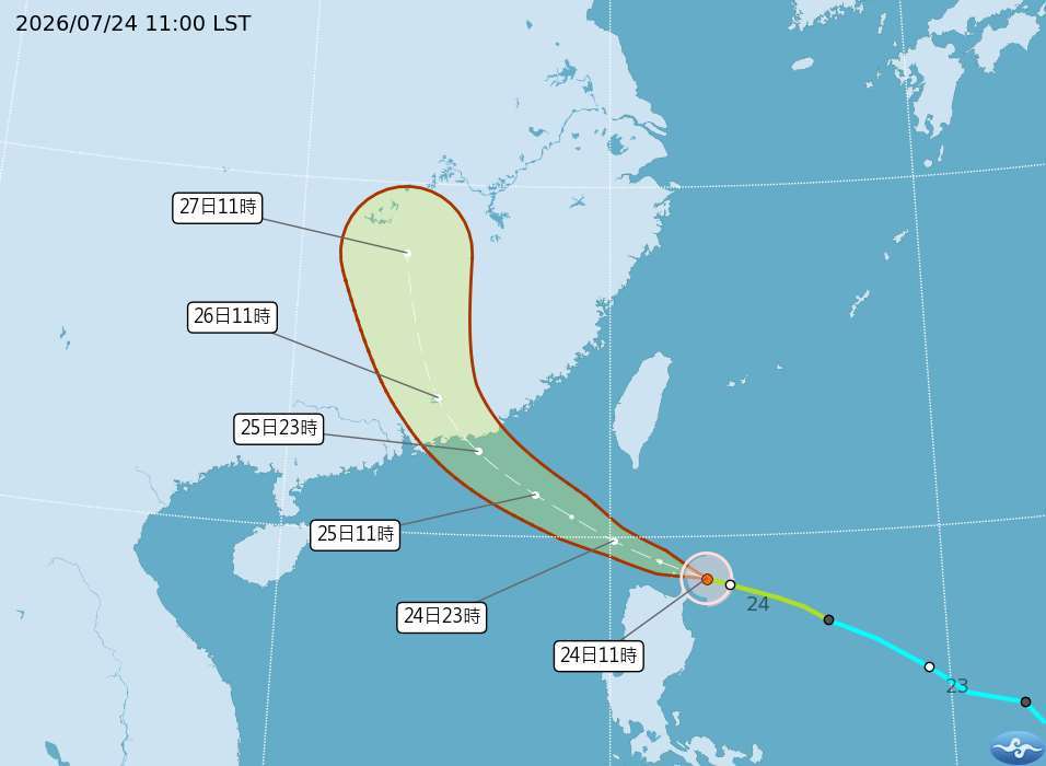 中央気象署は、台風12号（ノウル、台湾華語名：紅霞）が24日夜から25日にかけて台湾に最も接近する見込みだとして、強風や豪雨、高波への警戒を呼びかけている。（写真：中央気象署）