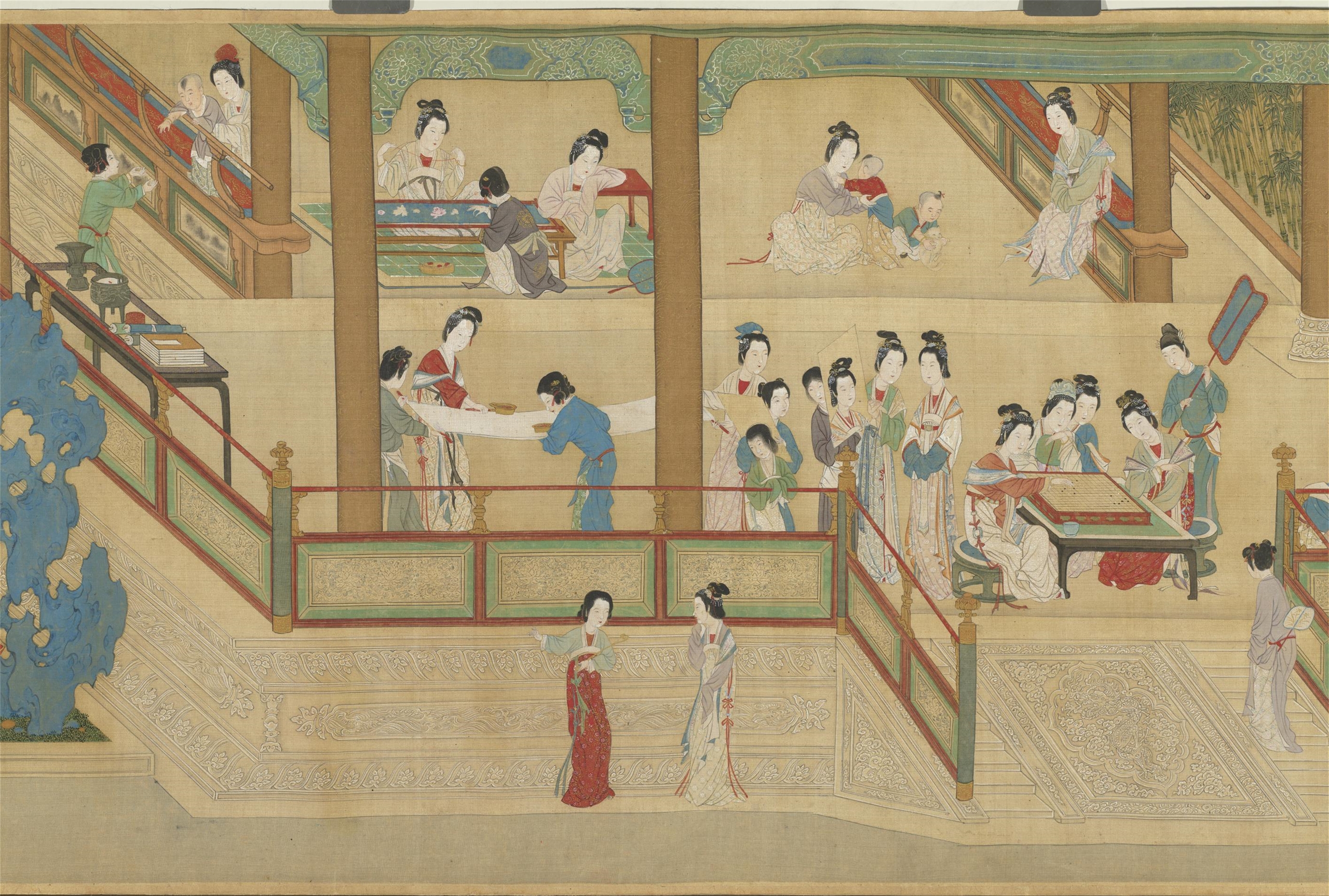 명(明) 구영(仇英, 생몰 1494년~1552년)  국립고궁박물원의 국보 중 하나이다. 이 그림에는 후궁들이 대국을 하거나 자수를 놓거나 하는 모습을 찾아볼 수 있다. 후궁들의 일상을 표현한 작품이다. -백조미, 사진: 국립고궁박물원 제공 