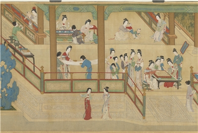명(明) 구영(仇英, 생몰 1494년~1552년)
<한궁춘효도(국부)> 국립고궁박물원의 국보 중 하나이다. 이 그림에는 후궁들이 대국을 하거나 자수를 놓거나 하는 모습을 찾아볼 수 있다. 후궁들의 일상을 표현한 작품이다. -백조미, 사진: 국립고궁박물원 제공
