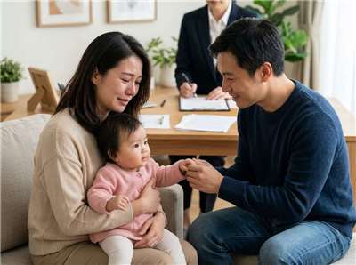 기나긴 기다림 끝에 아이를 품에 안은 양부모가 벅찬 감동을 나누고 있다. - 사진: AI 생선