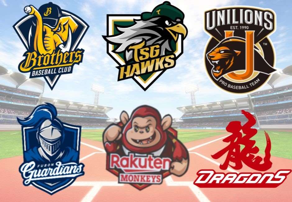 타이완 프로야구 리그(CPBL) 6개 구단 로고: 위쪽 왼쪽부터 중신 브라더스, 타이강 호크스, 통일 라이온스, 아래쪽 왼쪽부터 푸방 가디언스, 라쿠텐 몽키스, 웨이취안 드래곤스 - 사진: wikipedia、Shutterstock