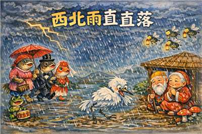 타이완 동요 <서북우가 주룩주룩 내리네(西北雨直直落)>의 장면을 담은 그림 - 사진: AI 생성 이미지