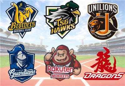 타이완 프로야구 리그(CPBL) 6개 구단 로고: 위쪽 왼쪽부터 중신 브라더스, 타이강 호크스, 통일 라이온스, 아래쪽 왼쪽부터 푸방 가디언스, 라쿠텐 몽키스, 웨이취안 드래곤스 - 사진: wikipedia、Shutterstock