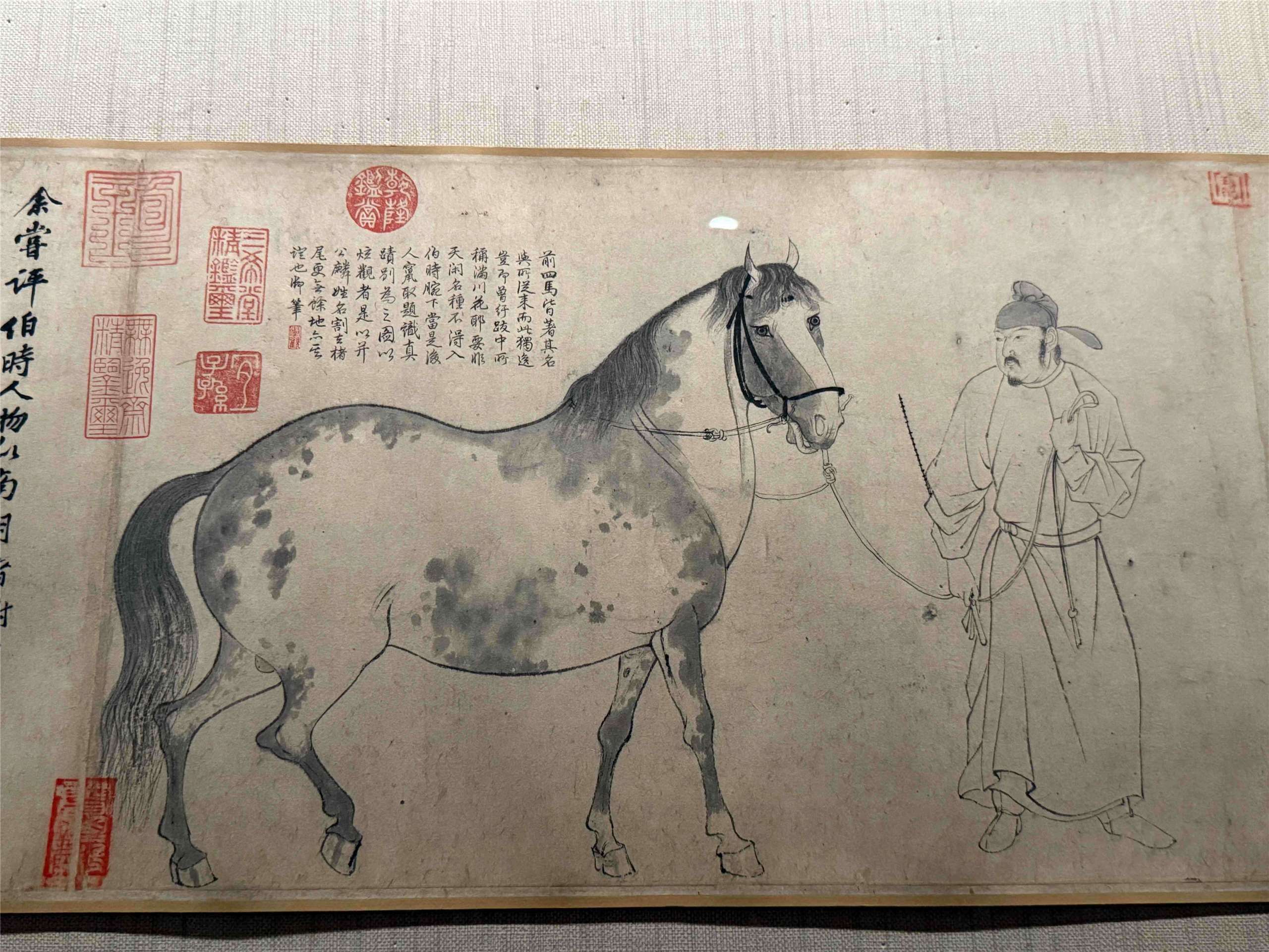 송나라 주요 화가 이공린(李公麟)의 오마도(五馬圖)는 2차 대전 이후 사라졌다가 몇 년 전 일본 도쿄 국립박물관에서 다시 모습을 드러내었다. 이번 국립고궁박물원 개원 100주년 기념 특별 전시를 위해 일본에서 차출해온 이 작품은 40일 동안만 전시한다. 사진은 '오마도' 중의 5번째의 말이다. -사진: 백조미jennifre pai