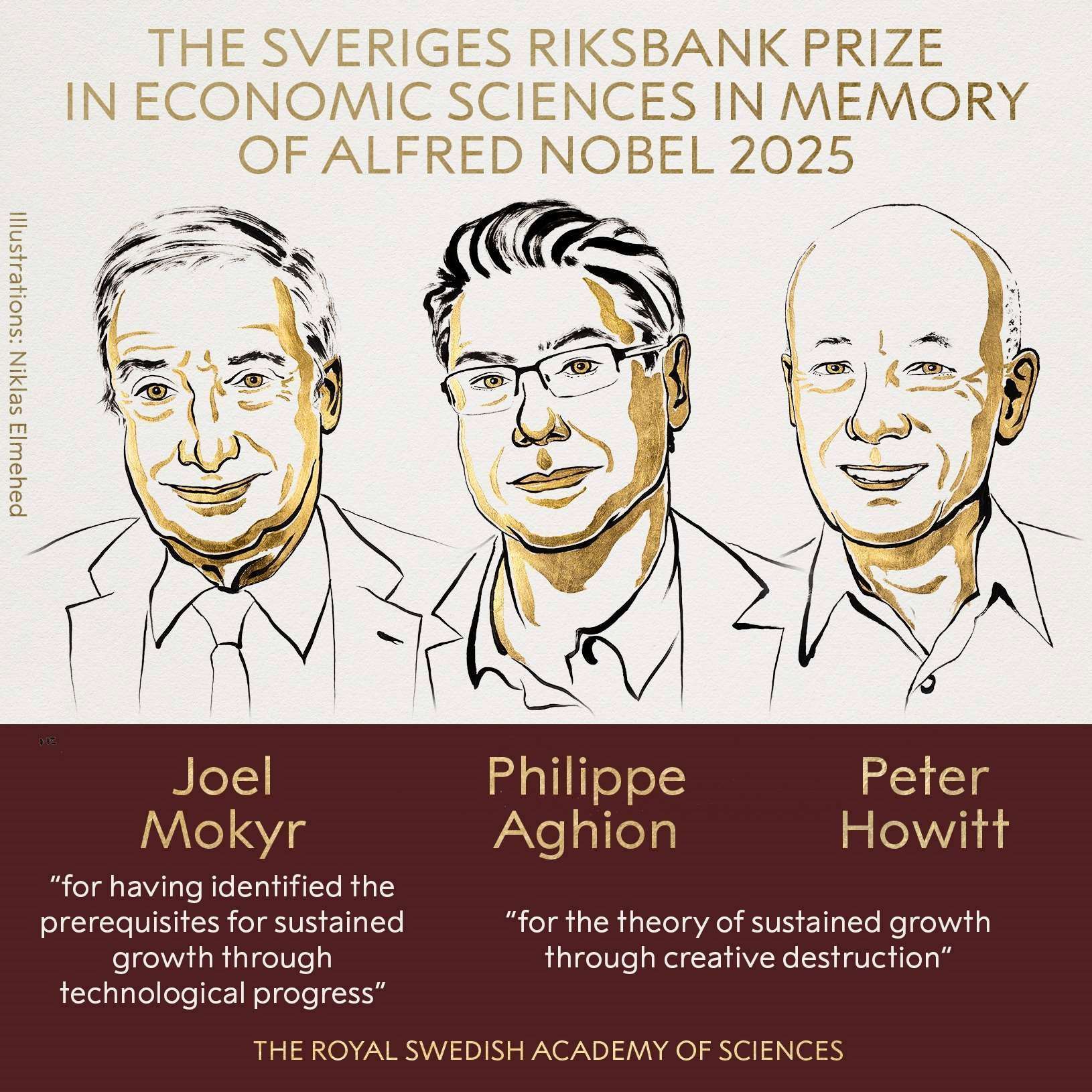Pemenang Hadiah Nobel Ekonomi 2025, iaitu ahli sejarah ekonomi Amerika Syarikat-Israel Joel Mokyr, ahli ekonomi Perancis Philippe Aghion, dan ahli ekonomi Kanada Peter Howitt, berkongsi penghormatan tertinggi tersebut. (Gambar: Nobel Prize)