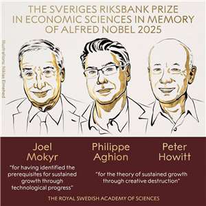 Pemenang Hadiah Nobel Ekonomi 2025, iaitu ahli sejarah ekonomi Amerika Syarikat-Israel Joel Mokyr, ahli ekonomi Perancis Philippe Aghion, dan ahli ekonomi Kanada Peter Howitt, berkongsi penghormatan tertinggi tersebut. (Gambar: Nobel Prize)