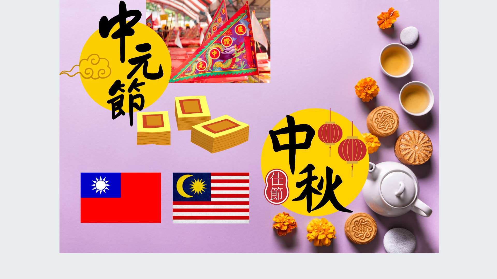 Perbezaan Budaya dengan Pesta Hantu & Pesta Pertengahan Musim Luruh di Taiwan dan Malaysia(diperbuat daripada canvas)