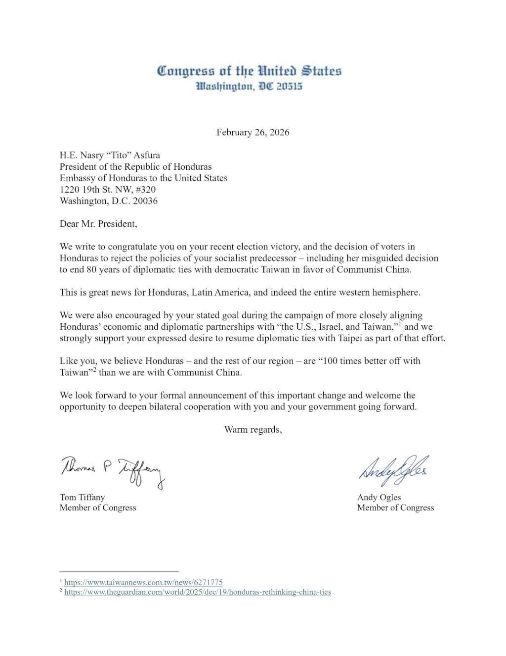 Ahli Kongres Amerika Syarikat Tom Tiffany dan Andy Ogles baru-baru ini mengutus surat kepada Presiden baharu Honduras, Nasry Asfura. (Disediakan oleh pejabat Ahli Kongres Republikan AS Tom Tiffany)