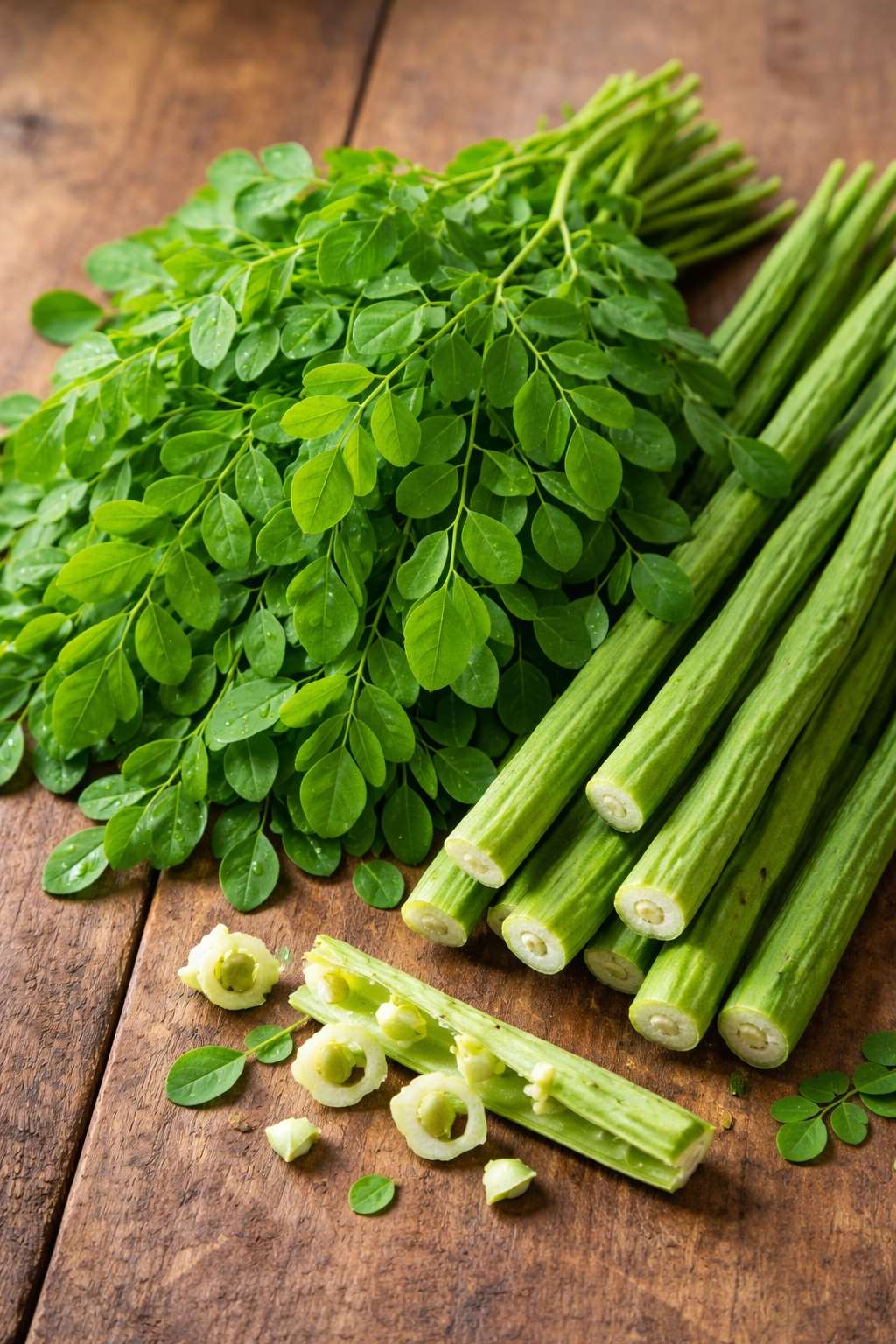 Fresh malunggay leaves and moringa pods