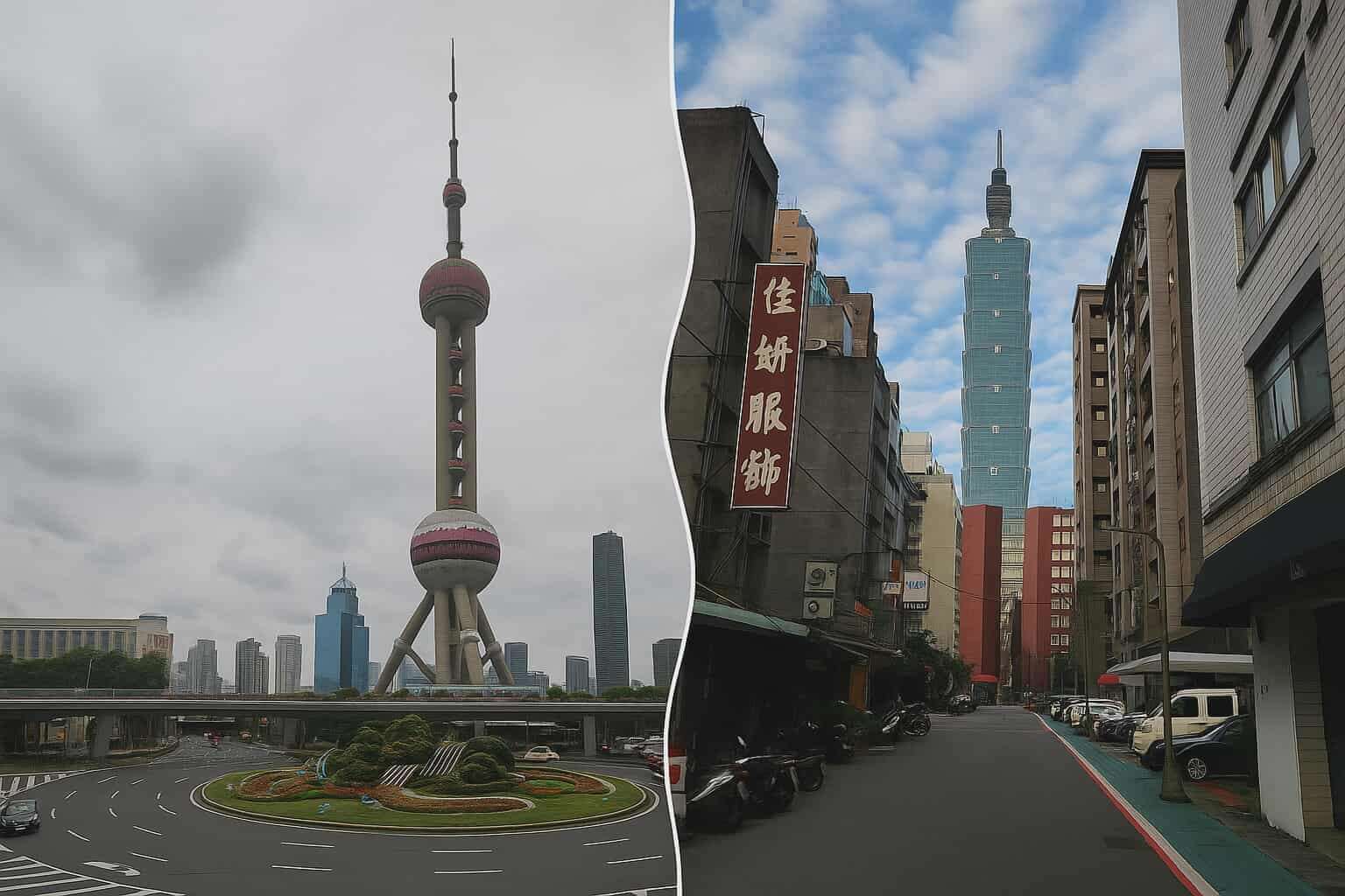 Небоскрёбы «Восточная жемчужина»  (Шанхай) и Тайбэй 101 (Тайбэй). Коллаж автора
