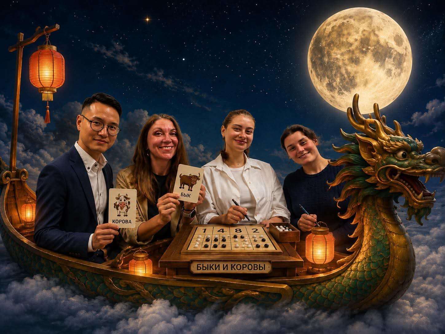Изображение ведущих Русской службы, играющих в «быка и корову» в лунной лодке, сгенерировано с помощью ИИ.