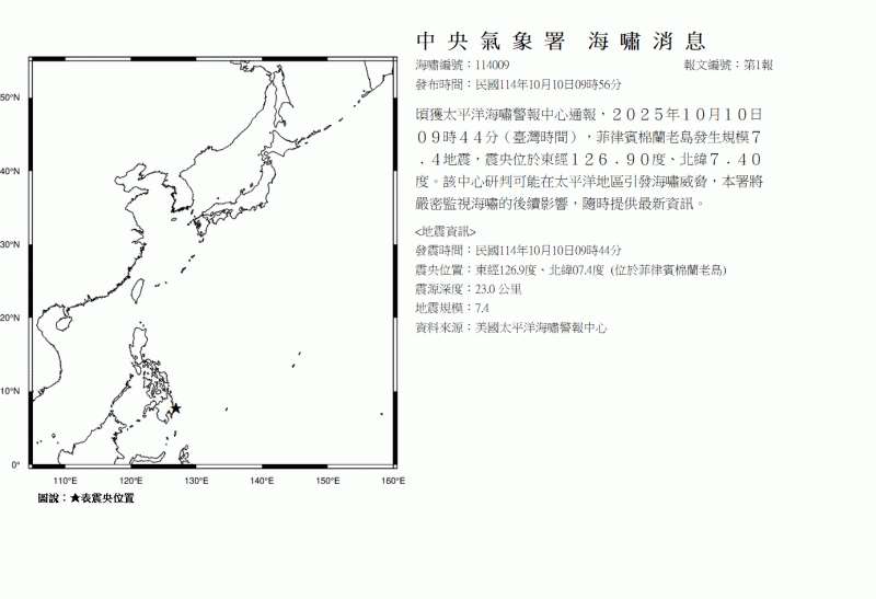菲律賓棉蘭老島10日上午9時44分發生規模7.4強震，中央氣象署隨後發布海嘯消息表示，接獲太平洋海嘯警報中心通報，研判可能在太平洋地區引發海嘯威脅，氣象署將嚴密監視海嘯的後續影響。(圖:交通部中央氣象署)