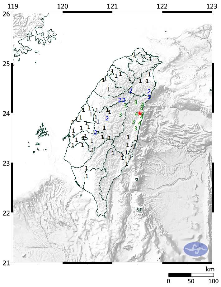 根據氣象署最新資訊，今天上午7時52分，在花蓮縣吉安鄉發生規模5.0地震，深度6.1公里，最大震度花蓮縣4級、南投縣3級。(圖:交通部中央氣象署)