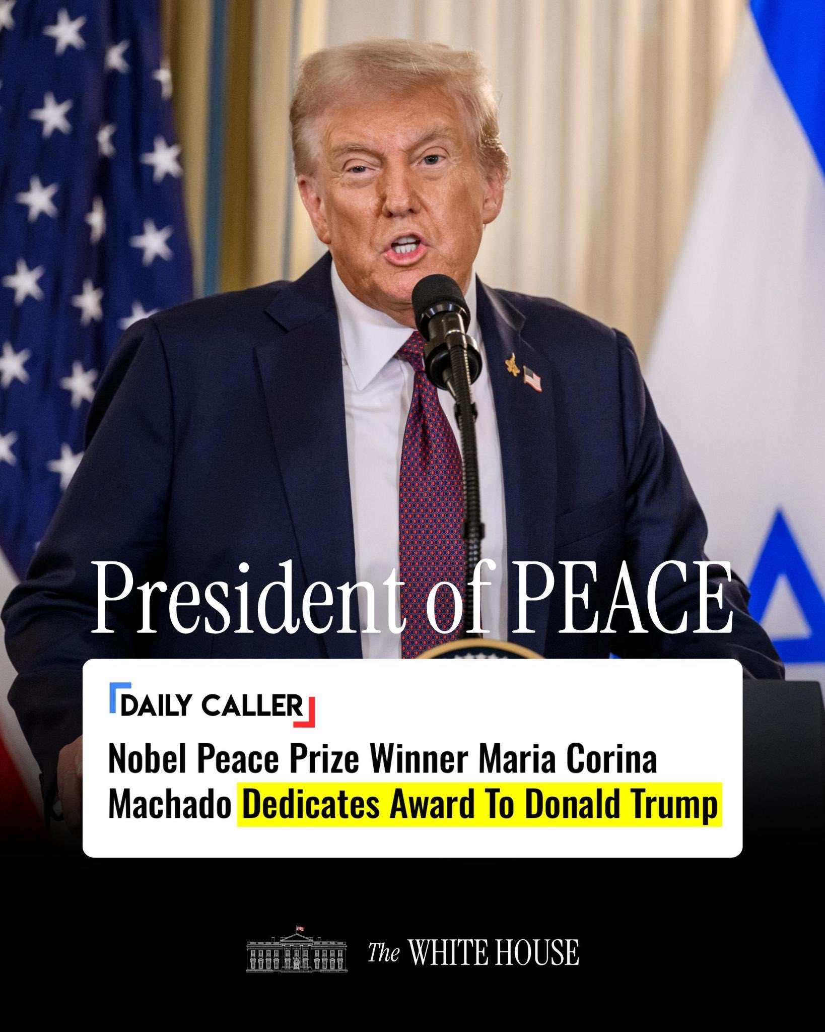 諾貝爾和平獎得主獎獻川普，白宮在X上轉發這項新聞，並稱川普是「和平總統」(President of Peace)。 (圖:X@WhiteHouse)