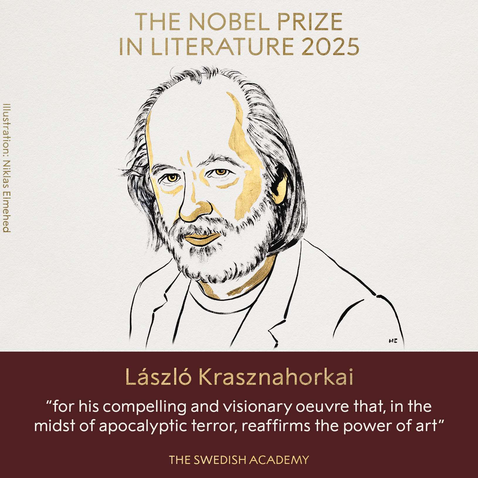 2025諾貝爾文學獎，由匈牙利作家卡撒茲納霍凱(Laszlo Krasznahorkai)獲得這項殊榮。 (圖：X@NobelPrize)