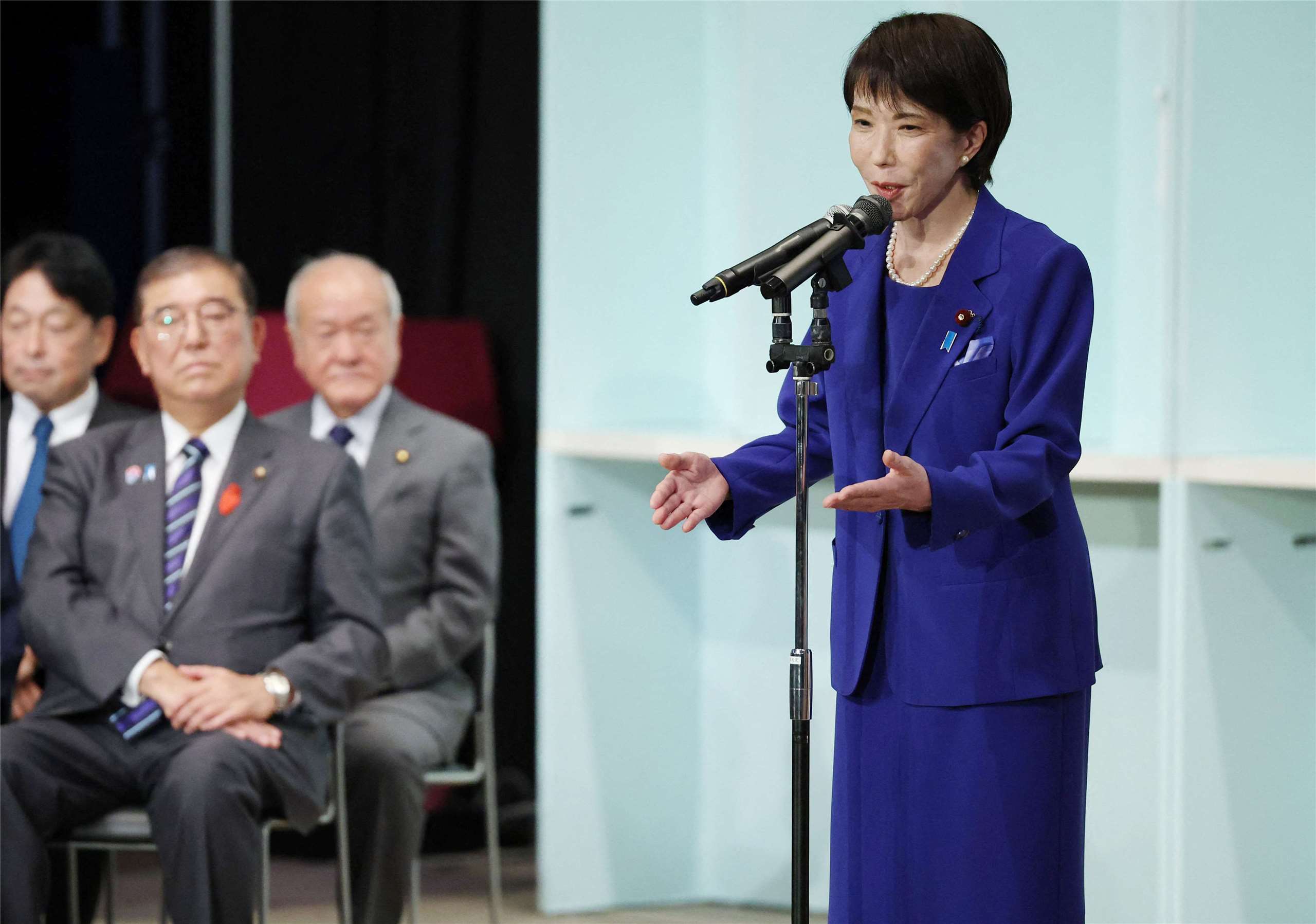 高市早苗當選後發表感言。(路透社/達志影像)