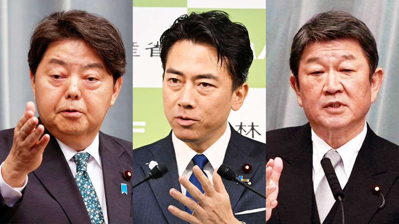 日本自民黨總裁高市早苗已開始籌組內閣人事，據知考慮任命官房長官林芳正(左起)擔任總務大臣、農林水產大臣小泉進次郎擔任防衛大臣，前幹事長茂木敏充擔任外務大臣。資料合成照。(路透社、法新社、美聯社/達志影像)