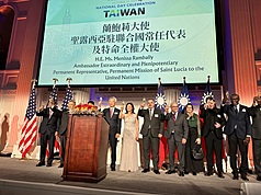 駐紐約辦事處7日舉行雙十國慶酒會，處長李志強夫婦（左4、左5）與出席國慶酒會賓客祝酒。