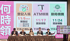 行政院23日晚間召開記者會說明「全民普發現金1萬元」的期程與領取辦法。(圖：中央社)
