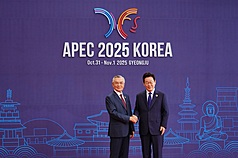 APEC台灣領袖代表林信義（左）與韓國總統李在明（右）握手致意。（APEC台灣代表團提供）

