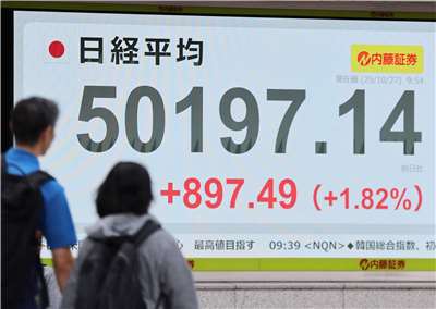 在看好美中達成貿易協議以及美國總統川普即將到訪日本等利多刺激下，日股基準日經225指數今天(27日)首次突破5萬點大關。(AFP)
