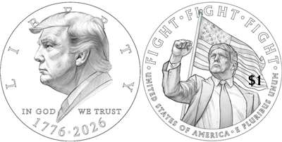 印有總統川普(Donald Trump)頭像的1元硬幣設計草案。(X平台/@@SteveGuest)