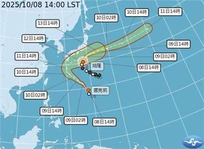 颱風娜克莉8日下午2時中心位置在北緯19.3度，東經138.2度，以每小時27公里速度向西北進行。(圖：氣象署)