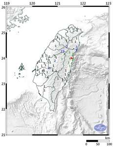 根據氣象署最新資訊，今天上午7時52分，在花蓮縣吉安鄉發生規模5.0地震，深度6.1公里，最大震度花蓮縣4級、南投縣3級。(圖:交通部中央氣象署)