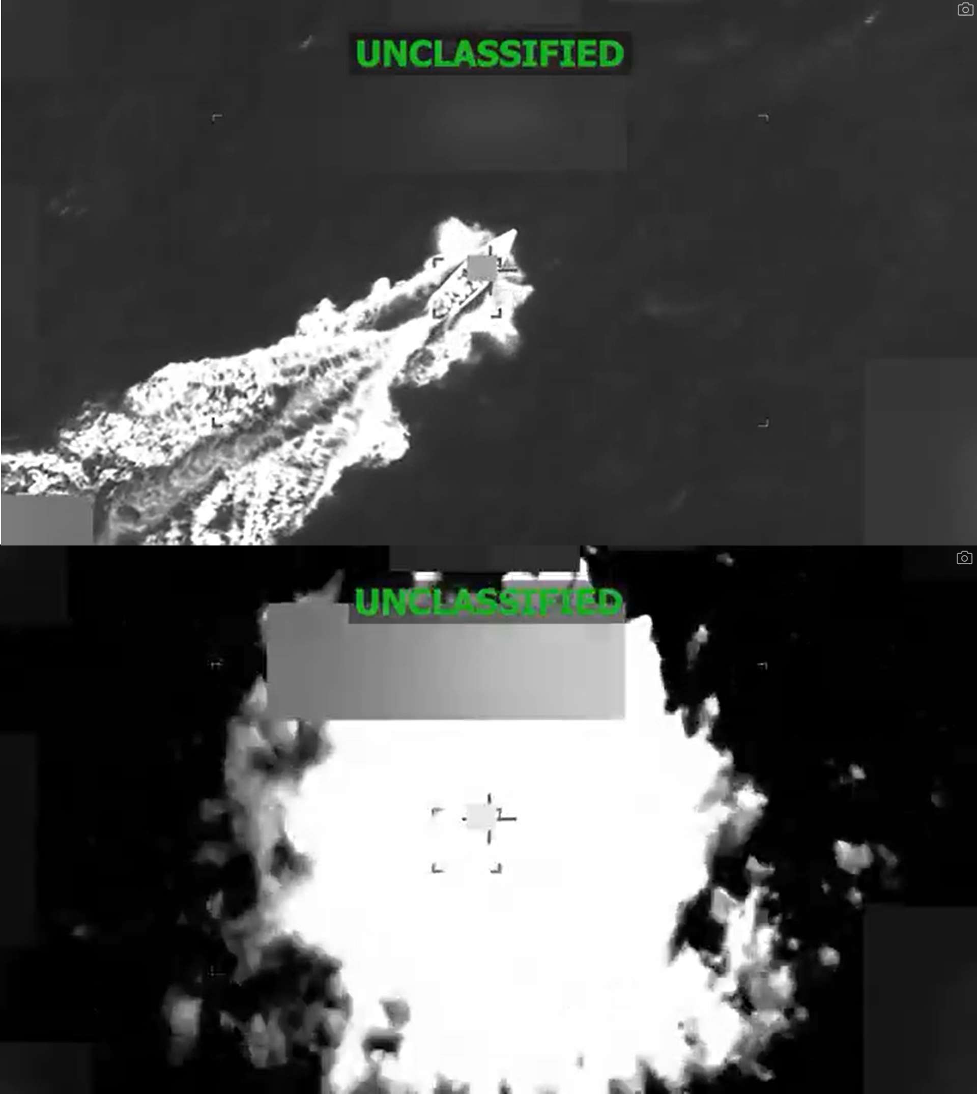 美國國防部長赫格塞斯在X公布了最新一次攻擊的空拍影片，他表示這起攻擊與過去幾次的攻擊一樣發生在國際水域，鎖定的是「一個指定恐怖組織運作的船隻」。影片顯示一艘船在海上航行，隨後爆炸起火。(X@SecWar)